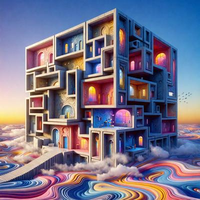 The primary subject of the image is a large, multi-colored building with many windows. The building is made up of various shapes and sizes, creating a unique and visually striking structure. The setting is a cloudy sky, which adds to the overall atmosphere of the scene. The visual style of the image is a combination of digital art and illustration, giving it a vibrant and artistic appearance. The colors and mood of the image are predominantly bright and lively, with the building's vivid colors and